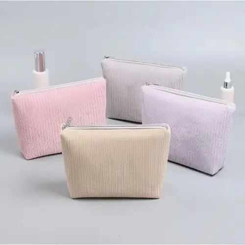 Travel Cute Makeup Bag Portable Solid Color Corduroy Large Toiletry Bag 